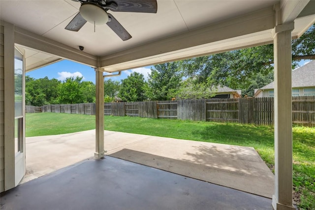 3443 Cortes Pl, Round Rock, TX 78665 - fenced backyard with ceiling fan and a patio area