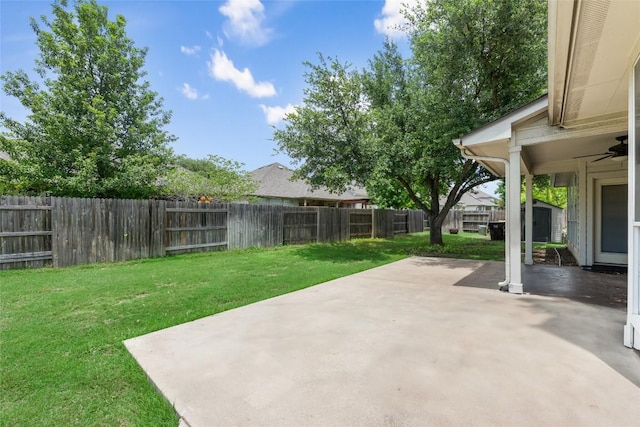 3443 Cortes Pl, Round Rock, TX 78665 - fenced backyard featuring a storage unit, a patio area, and ceiling fan