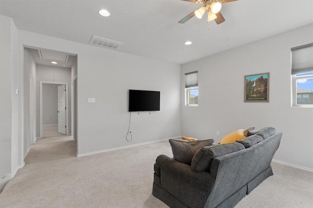 11717 Reindeer Dr, Austin, TX 78754 - living area with attic access, light carpet, a ceiling fan, and recessed lighting