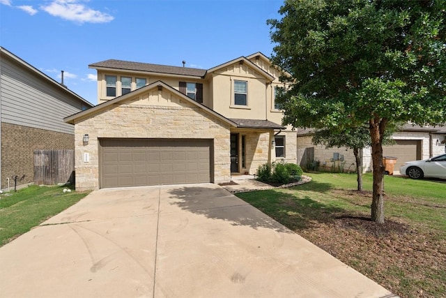 11717 Reindeer Dr, Austin, TX 78754 - view of front of house featuring stone siding, driveway, an attached garage, and stucco siding