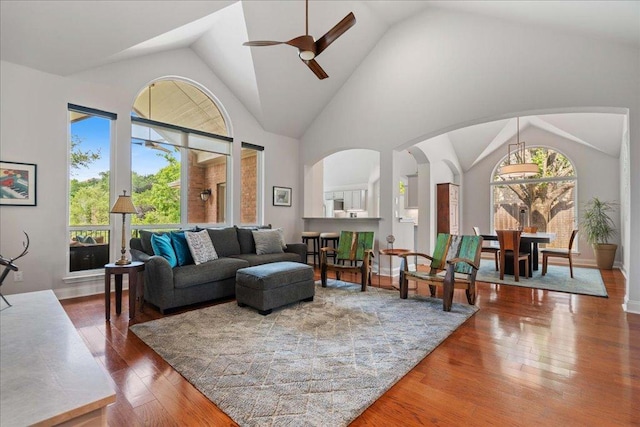12464 Fairfax Ridge Pl, Austin, TX 78738 - living area with a ceiling fan, wood finished floors, arched walkways, and high vaulted ceiling