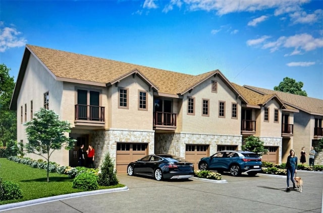 300-304 Tesla Cir, Austin, TX 78681 - view of front of property with a garage, driveway, stone siding, stucco siding, and a balcony