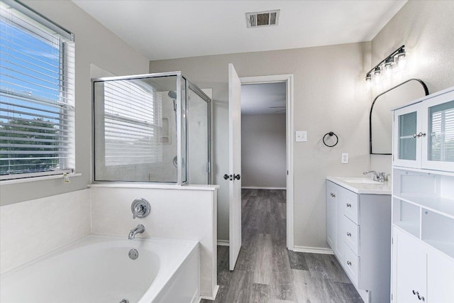 1000 Warbler Cv, Hutto, TX 78634 - full bathroom featuring vanity, a garden tub, a stall shower, and wood finished floors
