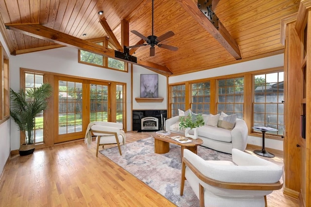 2710 Greenlawn Pkwy, Austin, TX 78757 - living room with wood ceiling, ceiling fan, french doors, wood finished floors, and plenty of natural light