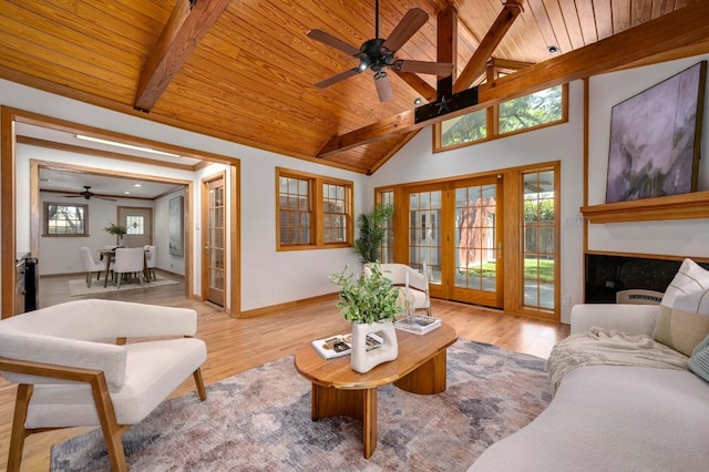 2710 Greenlawn Pkwy, Austin, TX 78757 - living room featuring wood ceiling, ceiling fan, and wood finished floors