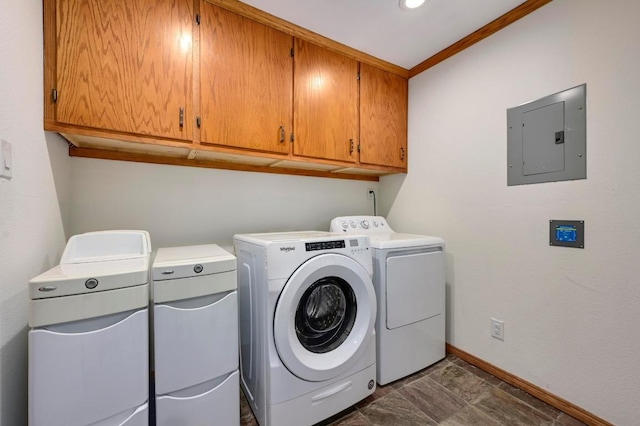 2710 Greenlawn Pkwy, Austin, TX 78757 - washroom featuring electric panel, washer and clothes dryer, cabinet space, and ornamental molding