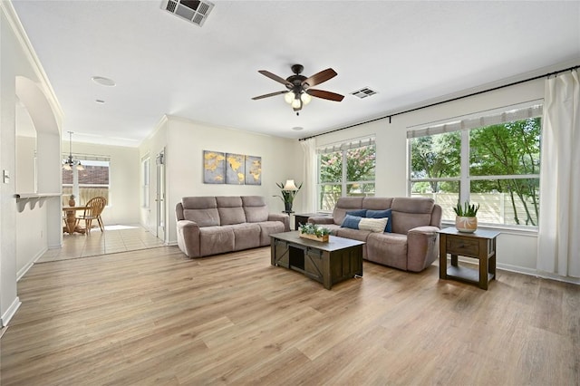 1903 Chula Vista Dr, Cedar Park, TX 78613 - living area with ceiling fan, plenty of natural light, light wood finished floors, crown molding, and arched walkways