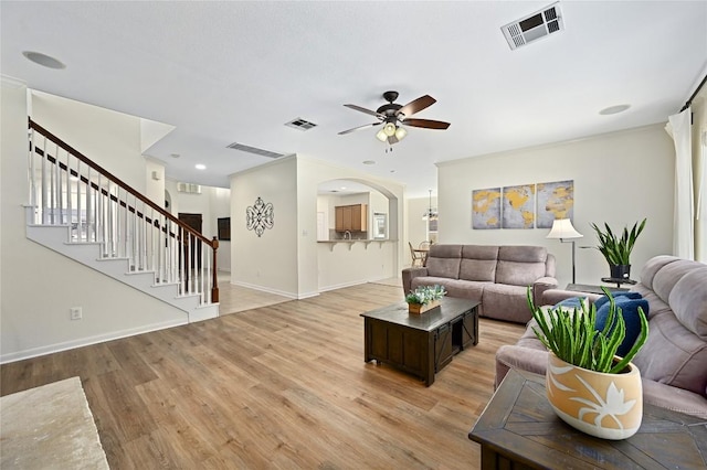 1903 Chula Vista Dr, Cedar Park, TX 78613 - living area with a ceiling fan, light wood-type flooring, stairway, and recessed lighting