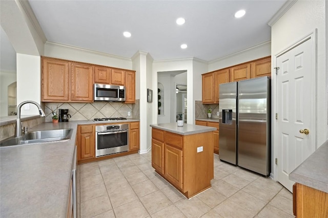 1903 Chula Vista Dr, Cedar Park, TX 78613 - kitchen featuring stainless steel appliances, backsplash, ornamental molding, light tile patterned flooring, and a kitchen island