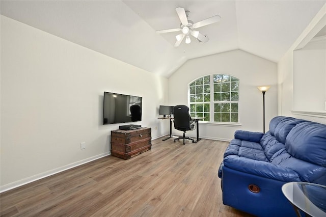 1903 Chula Vista Dr, Cedar Park, TX 78613 - living room featuring a ceiling fan, light wood-style floors, lofted ceiling, and an office area