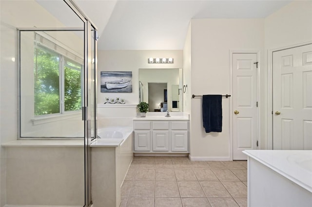 1903 Chula Vista Dr, Cedar Park, TX 78613 - full bathroom with vanity, a bath, a stall shower, and tile patterned flooring
