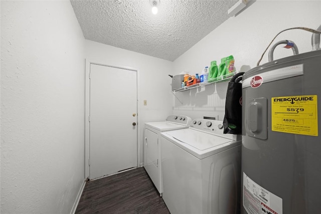 2016 Wanda St, Copperas Cove, TX 76522 - laundry room with water heater, a textured ceiling, dark wood-style flooring, and washing machine and clothes dryer
