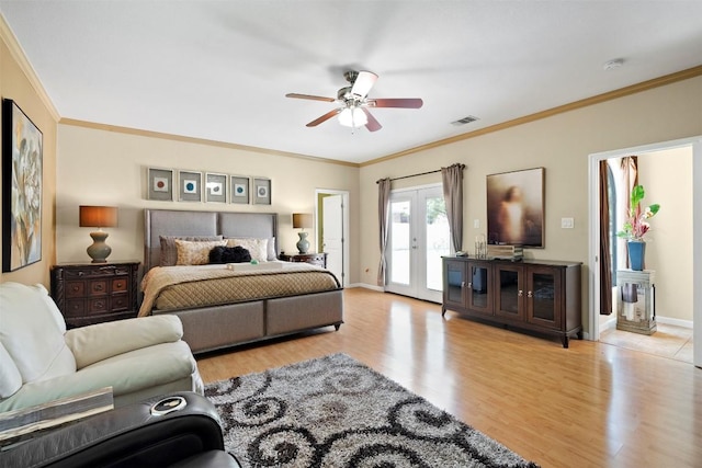 700 Canyon Bend Rd, Pflugerville, TX 78660 - bedroom featuring access to exterior, crown molding, light wood-type flooring, a ceiling fan, and french doors