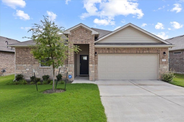 10708 Defender Trl, Austin, TX 78754 - ranch-style house with a front yard, stone siding, concrete driveway, a garage, and brick siding