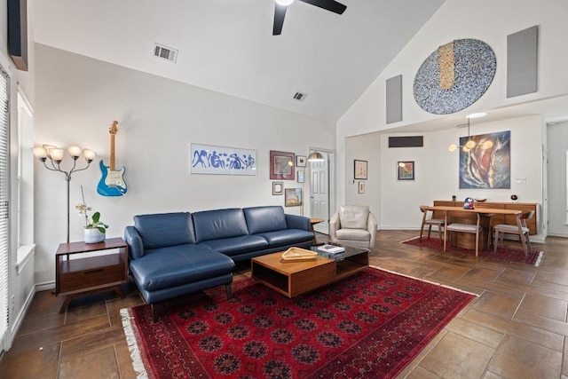 3702 Terrina St Unit 12, Austin, TX 78759 - living area featuring high vaulted ceiling and a ceiling fan