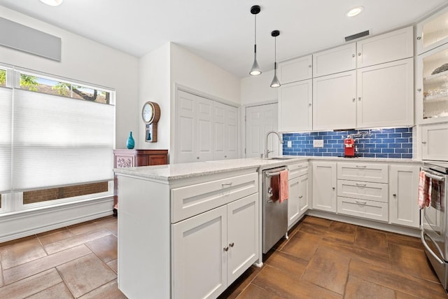 3702 Terrina St Unit 12, Austin, TX 78759 - kitchen with dishwasher, white cabinets, a peninsula, backsplash, and glass insert cabinets