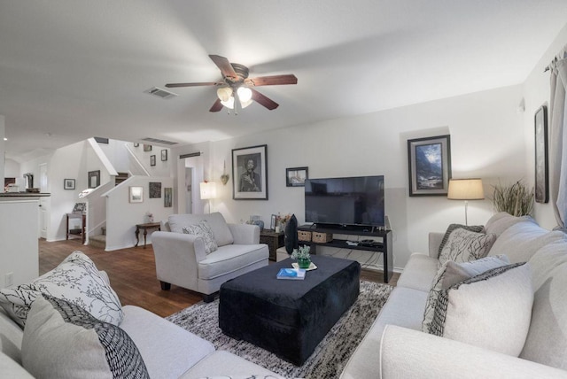 1149 Hyde Park Dr, Round Rock, TX 78665 - living room featuring stairway, ceiling fan, and wood finished floors