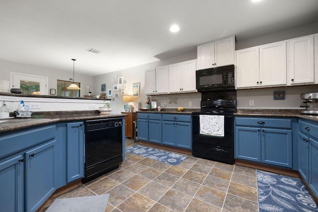 1149 Hyde Park Dr, Round Rock, TX 78665 - kitchen featuring black appliances, blue cabinetry, white cabinetry, dark countertops, and recessed lighting