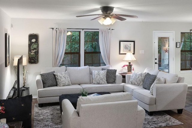 1149 Hyde Park Dr, Round Rock, TX 78665 - living room featuring dark wood-style flooring and ceiling fan