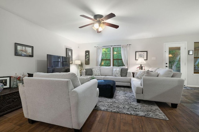 1149 Hyde Park Dr, Round Rock, TX 78665 - living room with ceiling fan and dark wood-type flooring