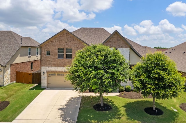 841 Expedition Way, Round Rock, TX 78665 - view of front of home featuring brick siding, an attached garage, concrete driveway, a front yard, and a shingled roof