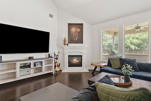 841 Expedition Way, Round Rock, TX 78665 - living room featuring lofted ceiling, a glass covered fireplace, and wood finished floors
