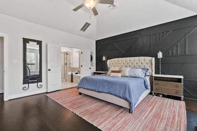841 Expedition Way, Round Rock, TX 78665 - bedroom featuring wood finished floors, a ceiling fan, high vaulted ceiling, and ensuite bathroom