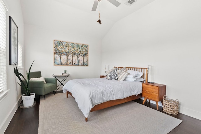 841 Expedition Way, Round Rock, TX 78665 - bedroom with vaulted ceiling, multiple windows, wood finished floors, and a ceiling fan
