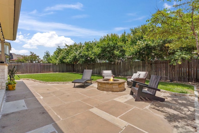 841 Expedition Way, Round Rock, TX 78665 - fenced backyard featuring an outdoor fire pit and a patio