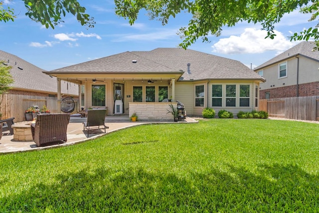 841 Expedition Way, Round Rock, TX 78665 - back of property with an outdoor fire pit, a ceiling fan, a fenced backyard, a patio, and a shingled roof