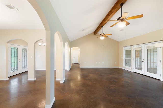 10565 N 77th Hwy, Lexington, TX 78947 - unfurnished living room featuring french doors, beamed ceiling, a ceiling fan, concrete flooring, and arched walkways