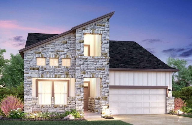 13111 Geary Dr, Austin, TX 78652 - modern home featuring stone siding, driveway, and a shingled roof