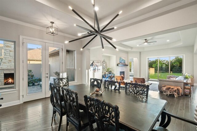131 Katie Dr, Austin, TX 78737 - dining area with a lit fireplace, a tray ceiling, healthy amount of natural light, dark wood finished floors, and crown molding