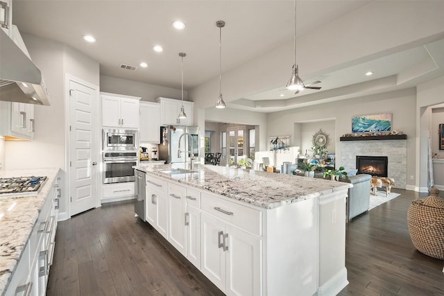 131 Katie Dr, Austin, TX 78737 - kitchen with appliances with stainless steel finishes, wall chimney exhaust hood, recessed lighting, dark wood-type flooring, and a ceiling fan