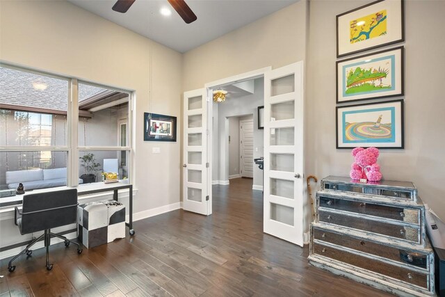 131 Katie Dr, Austin, TX 78737 - office with french doors, a ceiling fan, and dark wood-style flooring