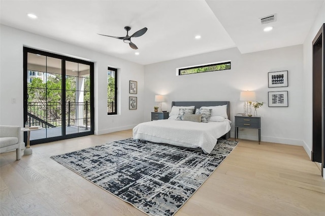 3206 Marshall Ave, Lago Vista, TX 78645 - bedroom with access to exterior, light wood finished floors, recessed lighting, and a ceiling fan