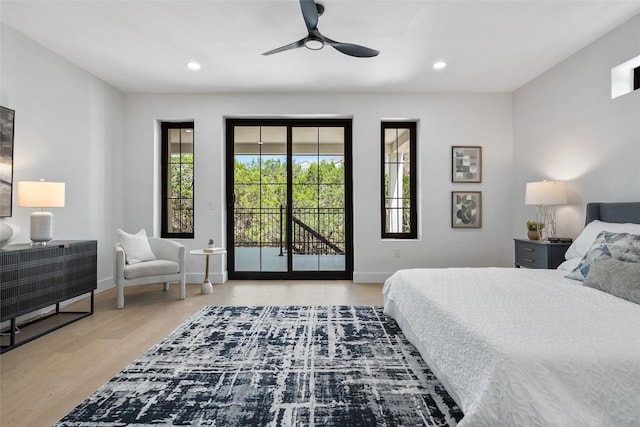 3206 Marshall Ave, Lago Vista, TX 78645 - bedroom featuring access to outside, wood finished floors, recessed lighting, and ceiling fan
