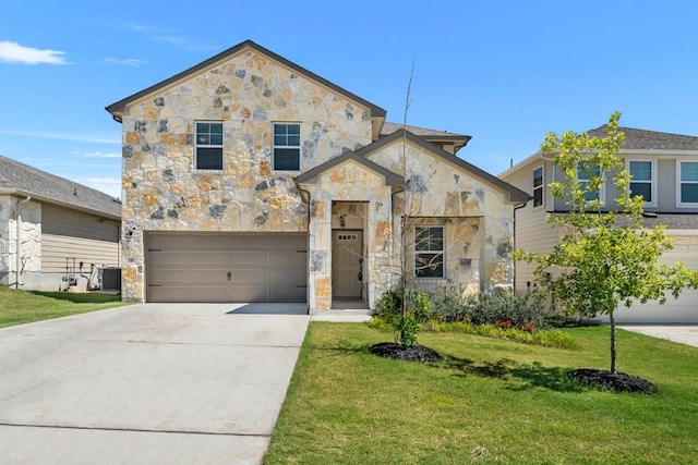 207 El Capitan Loop, Dripping Springs, TX 78620 - french country inspired facade with stone siding, a garage, a front yard, and driveway
