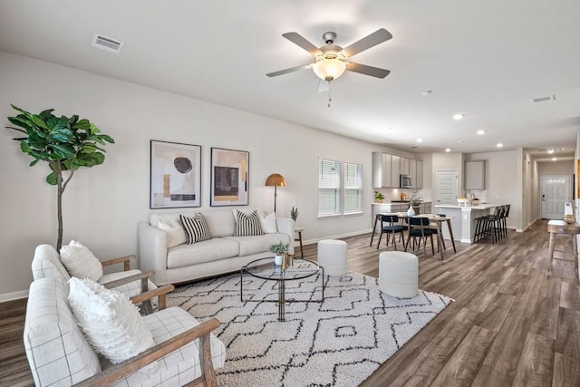 207 El Capitan Loop, Dripping Springs, TX 78620 - living room featuring dark wood-style floors, a ceiling fan, and recessed lighting