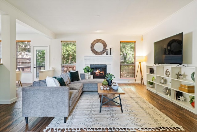 3121 Yandall Dr, Austin, TX 78748 - living area with wood finished floors, a brick fireplace, and ornamental molding