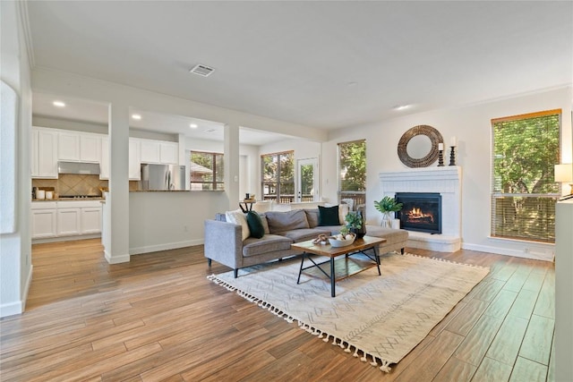 3121 Yandall Dr, Austin, TX 78748 - living room with healthy amount of natural light, a fireplace, light wood-style floors, and recessed lighting