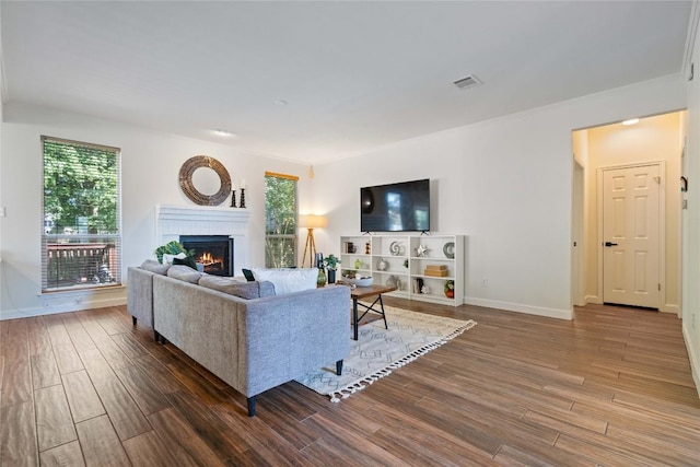3121 Yandall Dr, Austin, TX 78748 - living room with a brick fireplace, wood finished floors, and healthy amount of natural light