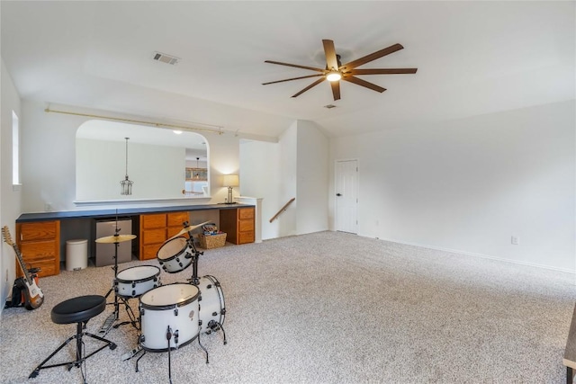 3121 Yandall Dr, Austin, TX 78748 - unfurnished living room featuring a ceiling fan, lofted ceiling, and carpet