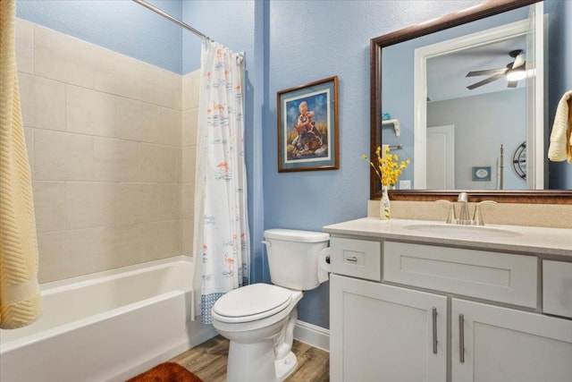 202 Iron Rail Ln, Georgetown, TX 78633 - full bathroom with wood finished floors, shower / tub combo, vanity, and a ceiling fan
