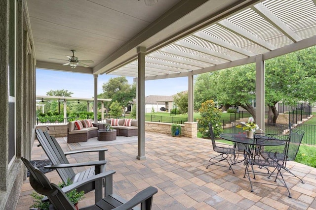 202 Iron Rail Ln, Georgetown, TX 78633 - view of patio featuring a pergola, an outdoor living space, ceiling fan, and outdoor dining area