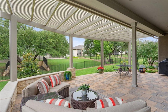 202 Iron Rail Ln, Georgetown, TX 78633 - fenced backyard with a pergola, an outdoor hangout area, a grill, a patio, and outdoor dining area