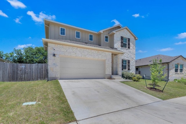 133 Fairmeadow Downs Dr, Hutto, TX 78634 - traditional home with stone siding, board and batten siding, concrete driveway, and a garage