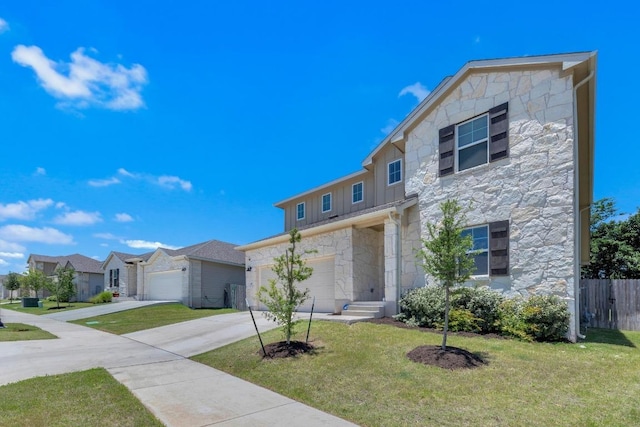 133 Fairmeadow Downs Dr, Hutto, TX 78634 - view of front of property with stone siding, driveway, board and batten siding, and a residential view