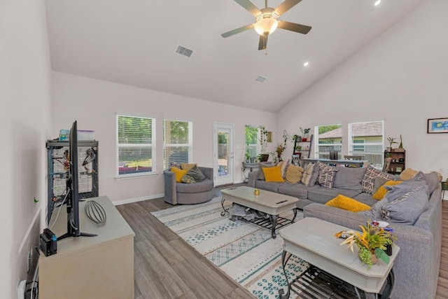 133 Fairmeadow Downs Dr, Hutto, TX 78634 - living room featuring wood finished floors, a ceiling fan, recessed lighting, and high vaulted ceiling