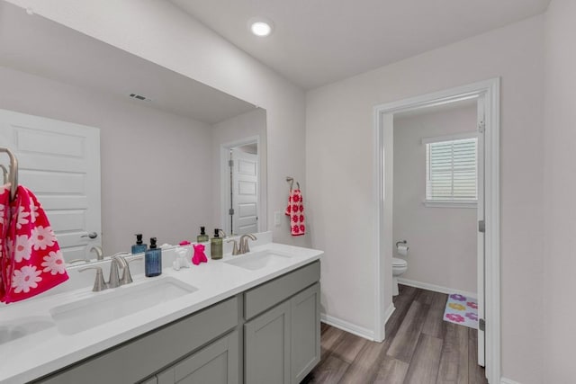 133 Fairmeadow Downs Dr, Hutto, TX 78634 - bathroom with double vanity, wood finished floors, and recessed lighting